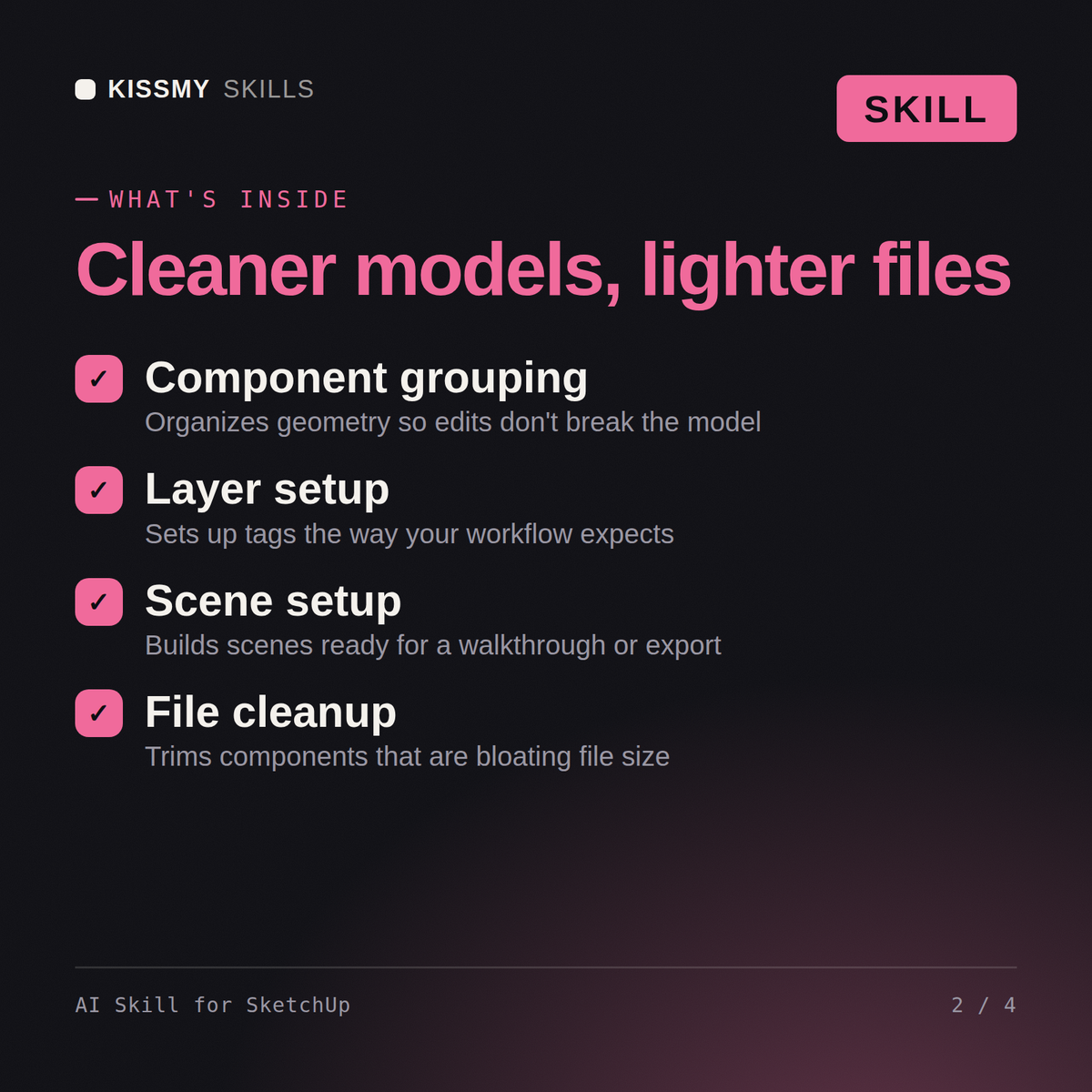What's inside the AI Skill for SketchUp AI skill: Component grouping, Layer setup, Scene setup, File cleanup