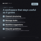 What's inside the Slack AI skill: Channel structuring, Message drafts, Workflow suggestions, Etiquette guidelines