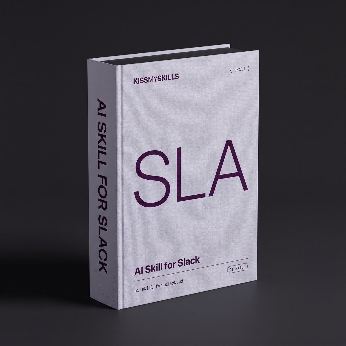 Slack Claude skill by KissMySkills, pale cool lavender grey bookcloth cover with the monogram SLA