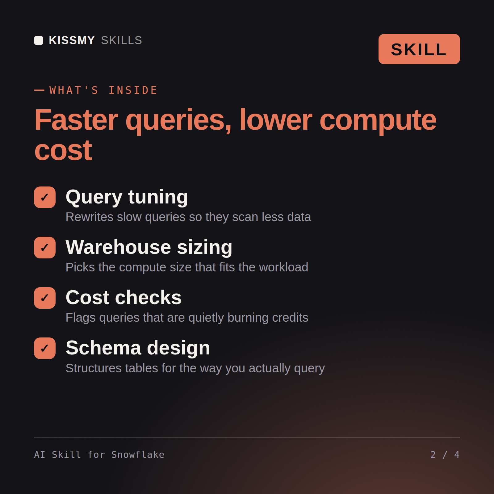 What's inside the AI Skill for Snowflake AI skill: Query tuning, Warehouse sizing, Cost checks, Schema design