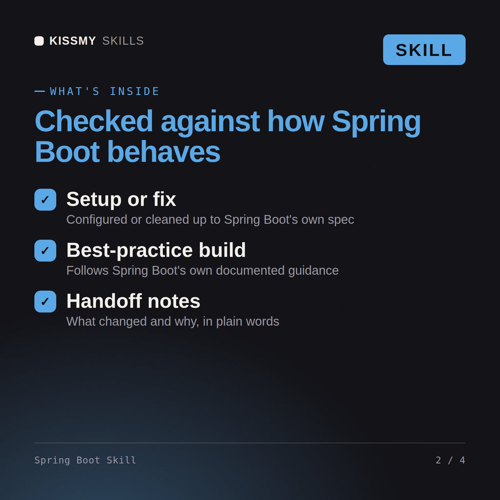 What's inside the Spring Boot Skill AI skill: Setup or fix, Best-practice build, Handoff notes