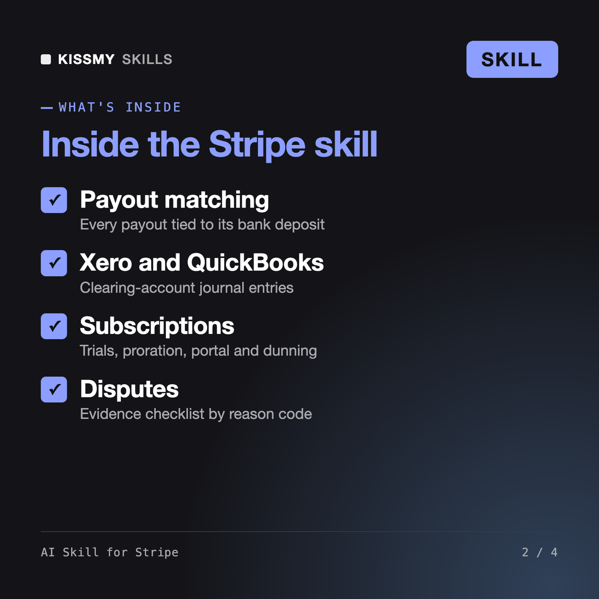 What's inside the AI Skill for Stripe AI skill: Payout matching, Xero and QuickBooks, Subscriptions, Disputes