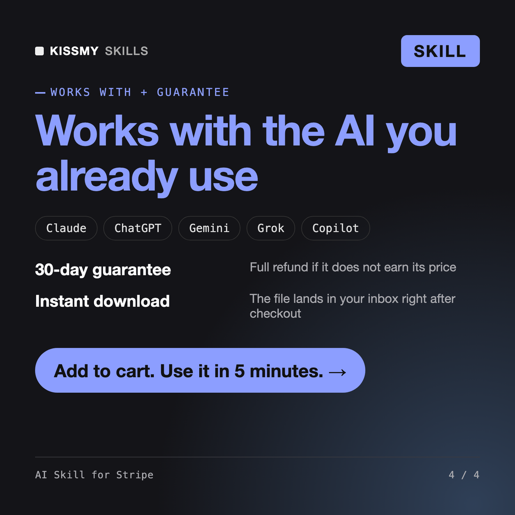 The AI Skill for Stripe AI skill works with Claude, ChatGPT, Gemini and any AI chat, 30-day money-back guarantee
