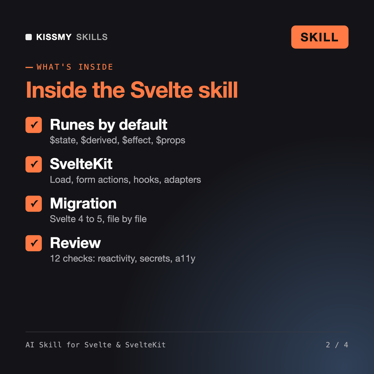What's inside the AI Skill for Svelte & SvelteKit AI skill: Runes by default, SvelteKit, Migration, Review