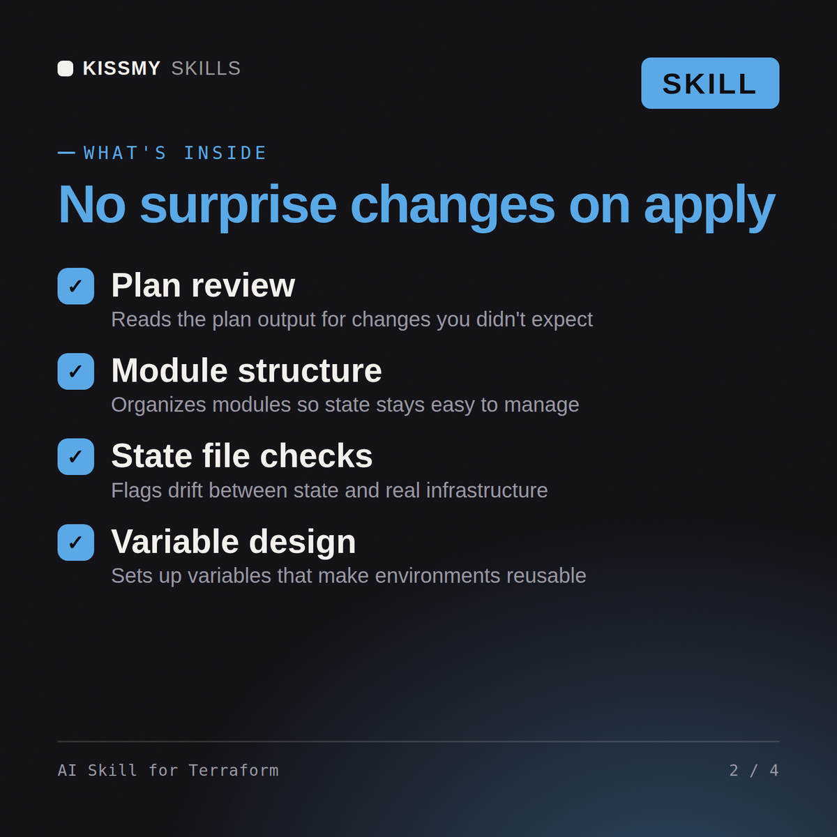 What's inside the AI Skill for Terraform AI skill: Plan review, Module structure, State file checks, Variable design