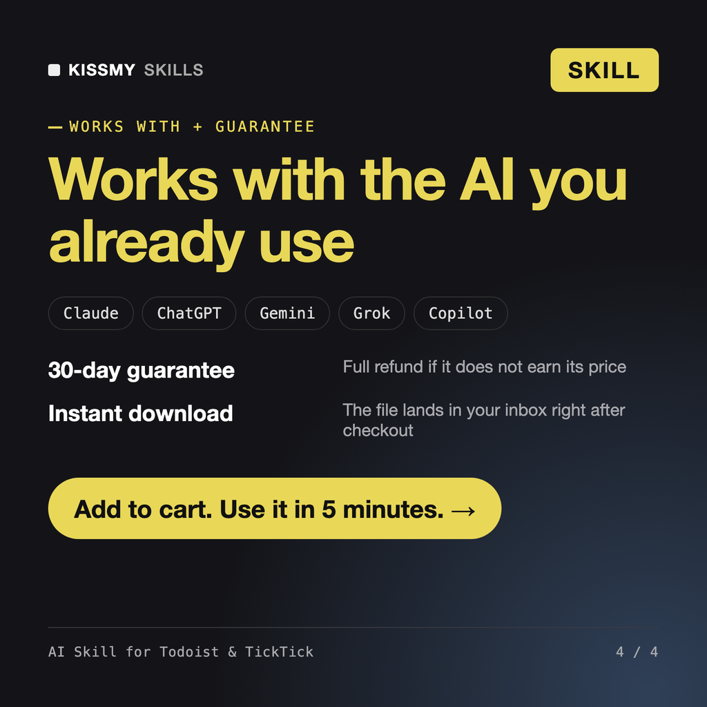 The AI Skill for Todoist & TickTick AI skill works with Claude, ChatGPT, Gemini and any AI chat, 30-day money-back guarantee