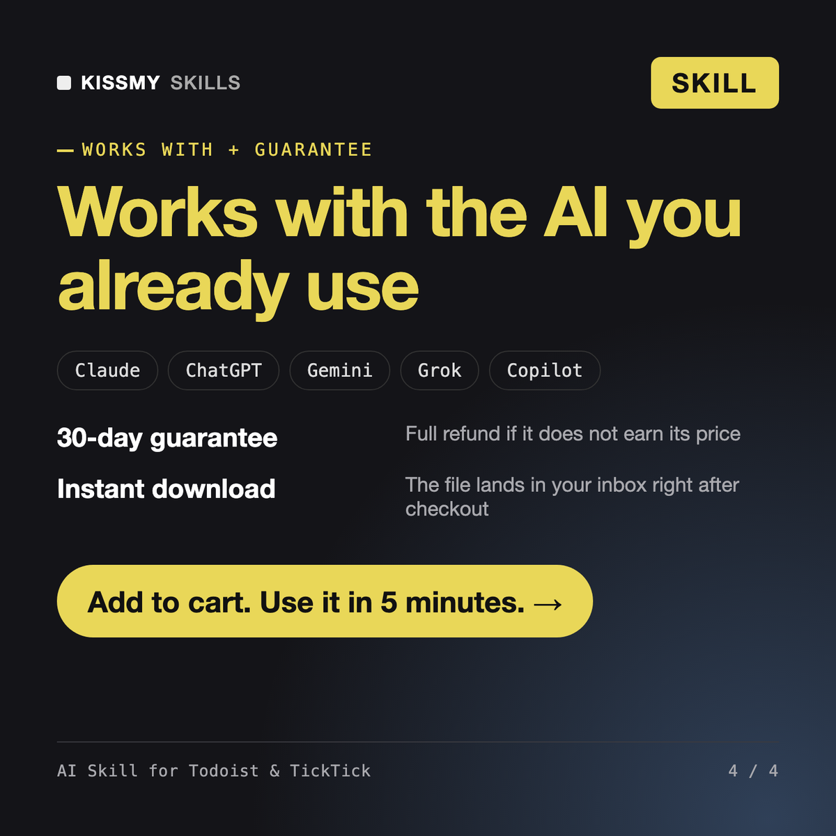 The AI Skill for Todoist & TickTick AI skill works with Claude, ChatGPT, Gemini and any AI chat, 30-day money-back guarantee