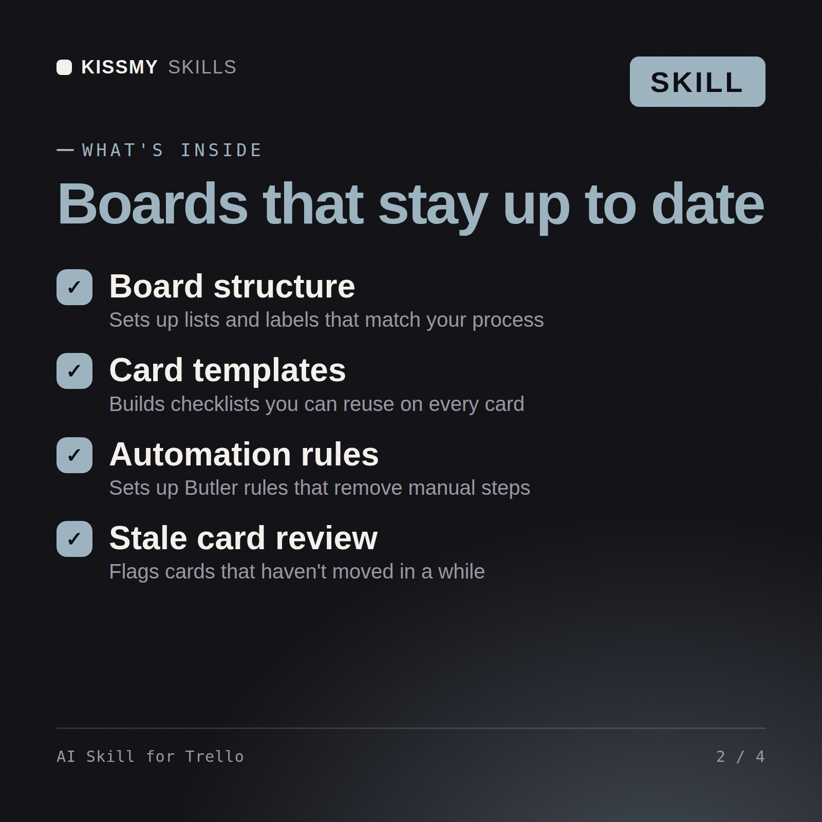 What's inside the AI Skill for Trello AI skill: Board structure, Card templates, Automation rules, Stale card review