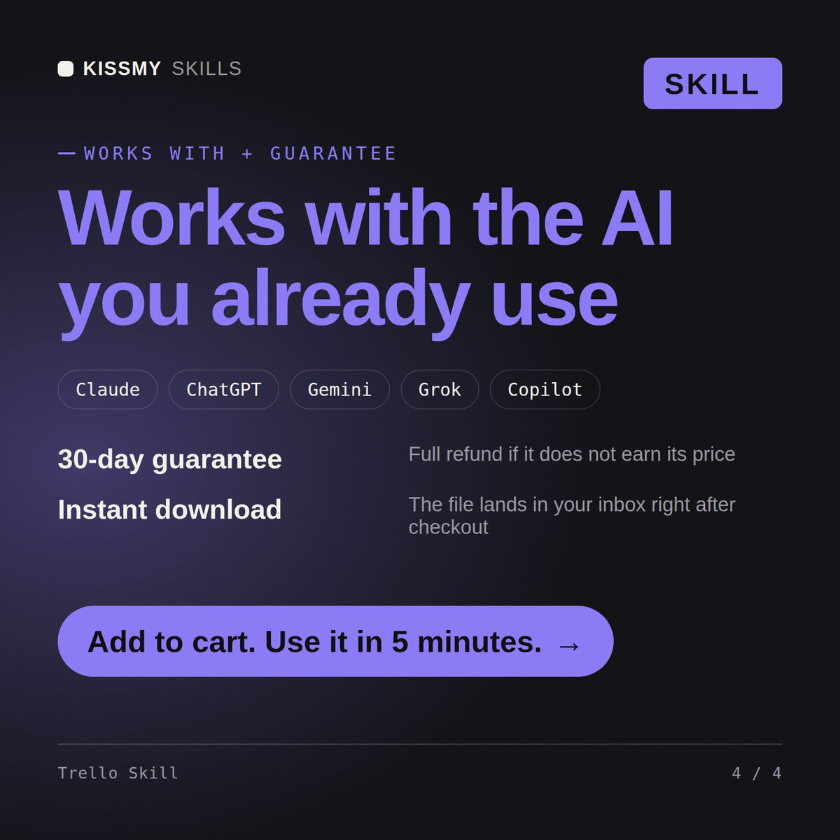 The Trello Skill AI skill works with Claude, ChatGPT, Gemini and any AI chat, 30-day money-back guarantee