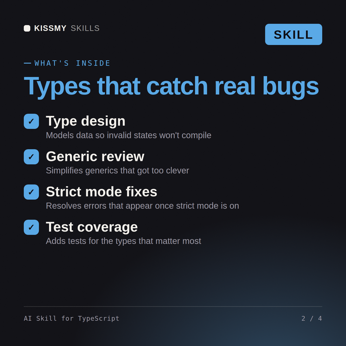 What's inside the AI Skill for TypeScript AI skill: Type design, Generic review, Strict mode fixes, Test coverage
