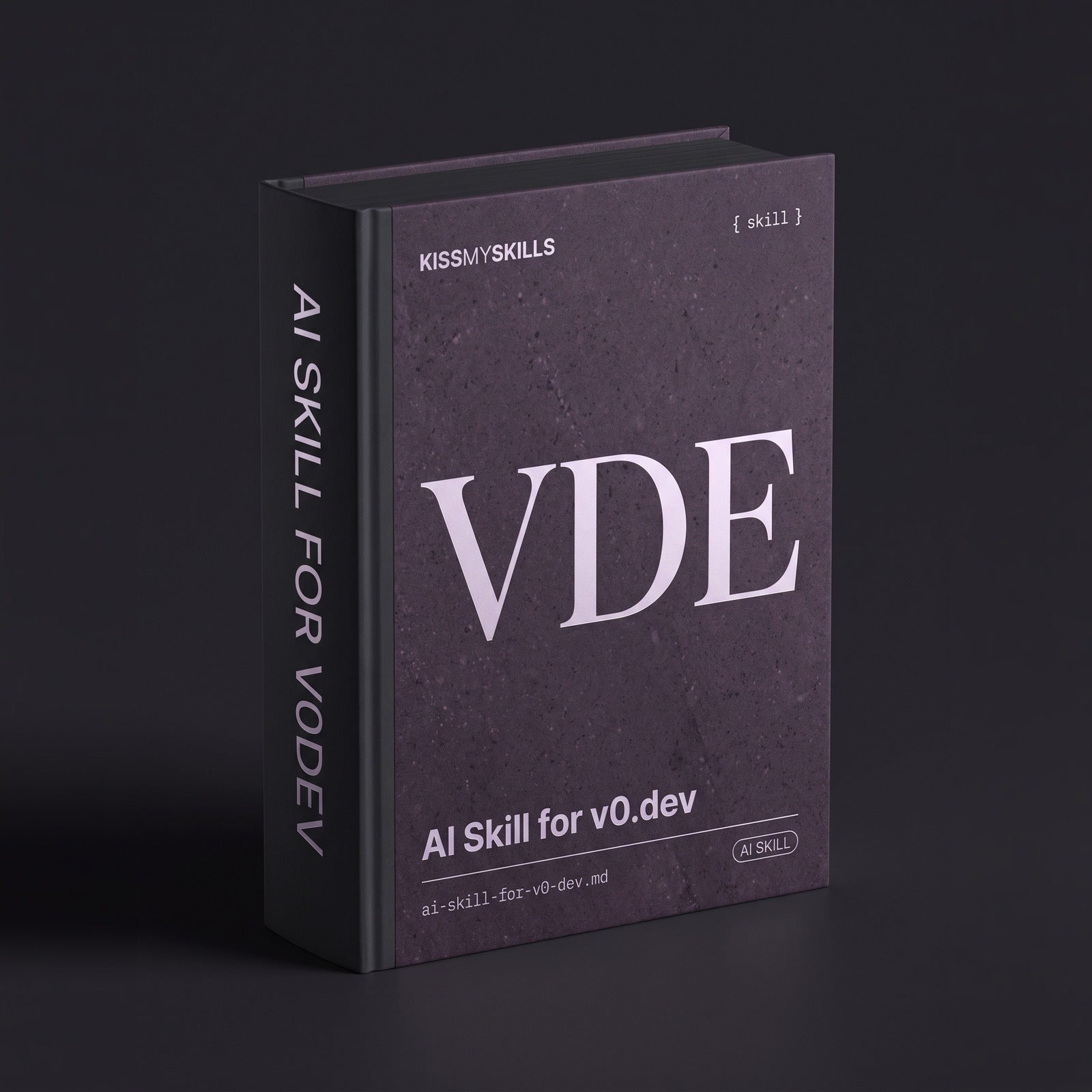 v0.dev Claude skill by KissMySkills, near-black violet plum stone cover with the monogram VDE
