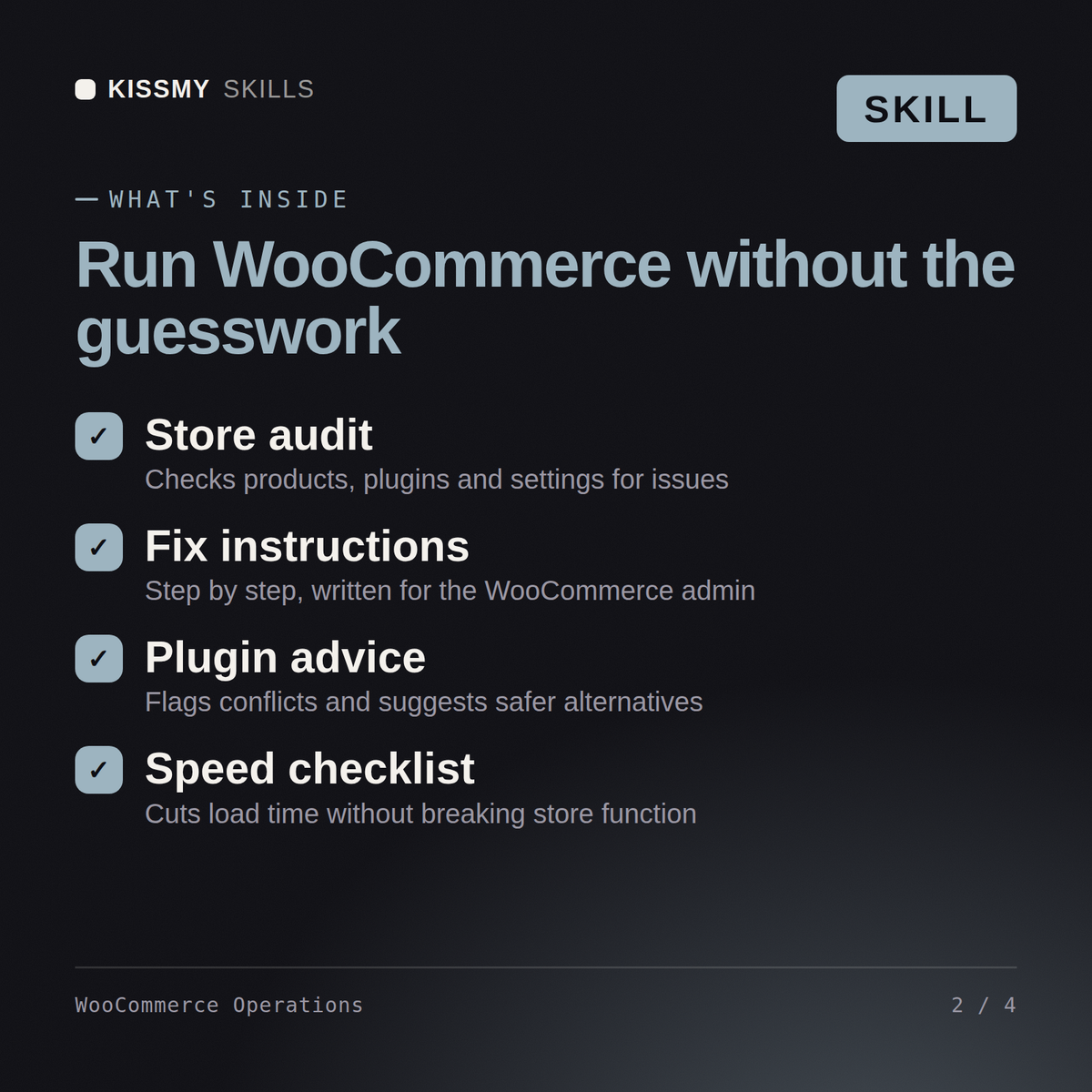 What's inside the WooCommerce Operations AI skill: Store audit, Fix instructions, Plugin advice, Speed checklist