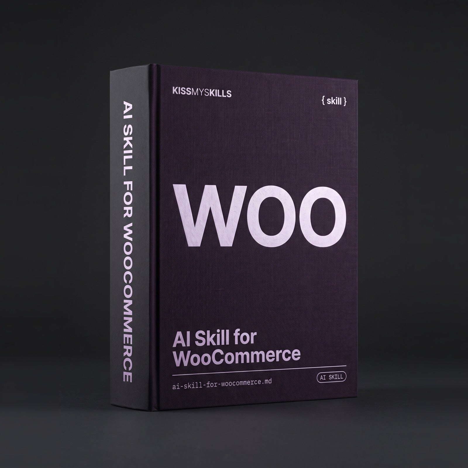 WooCommerce Claude skill by KissMySkills, deep violet plum bookcloth cover with the monogram WOO