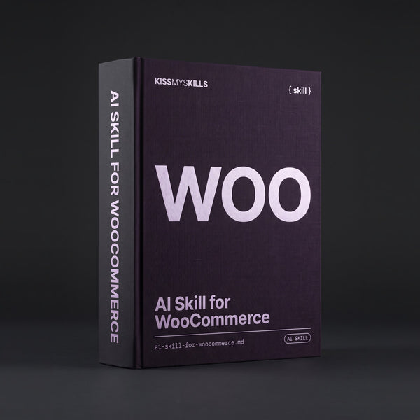 WooCommerce Claude skill by KissMySkills, deep violet plum bookcloth cover with the monogram WOO