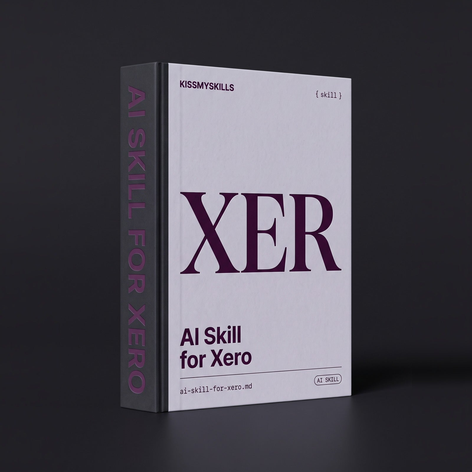 Xero Claude skill by KissMySkills, pale cool grey lilac cotton-rag paper cover with the monogram XER