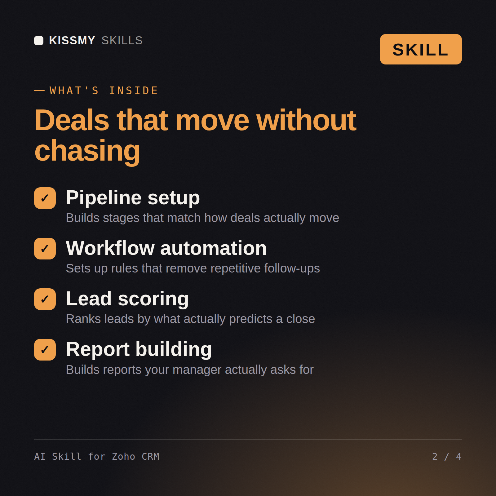 What's inside the AI Skill for Zoho CRM AI skill: Pipeline setup, Workflow automation, Lead scoring, Report building