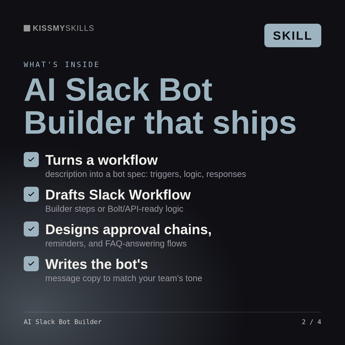 What's inside the AI Slack Bot Builder skill: Turns a workflow, Drafts Slack Workflow, Designs approval chains,, Writes the bot's