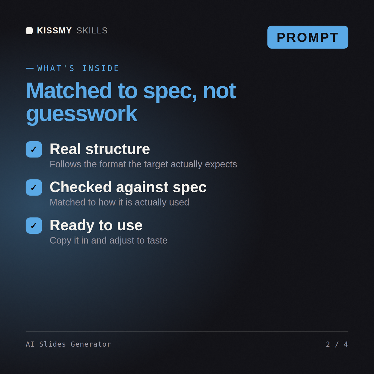 What's inside the AI Slides Generator AI prompt: Real structure, Checked against spec, Ready to use
