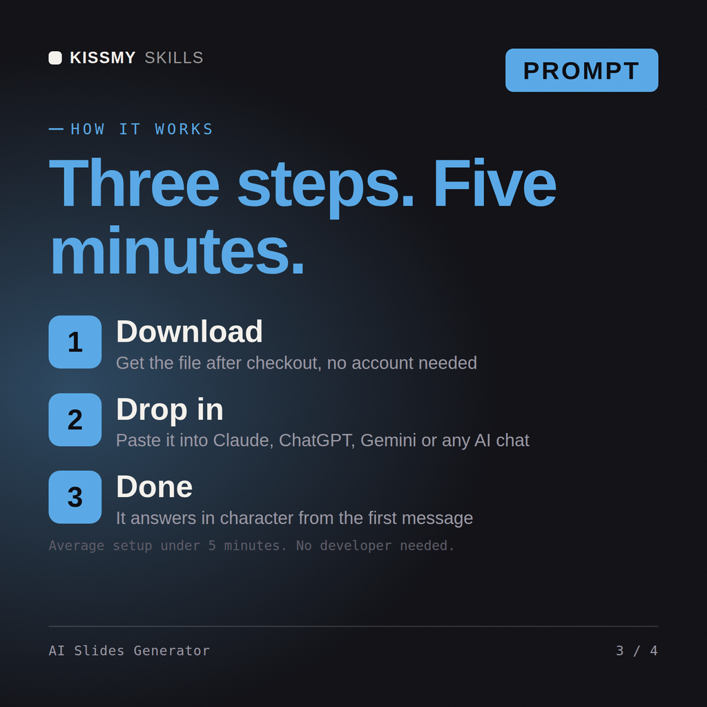 How the AI Slides Generator AI prompt works in three steps: download, drop it into your AI chat, done