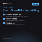 What's inside the AI Snowflake Tutor AI skill: Explains as you go, Checked code, Practice set