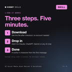 How the AI Social Media Asset Resizer & Variations AI skill works in three steps: download, drop it into your AI chat, done