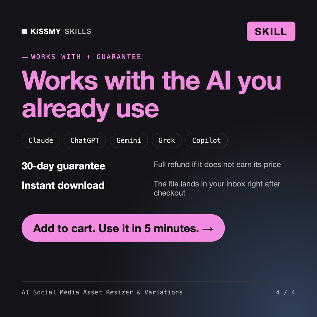 The AI Social Media Asset Resizer & Variations AI skill works with Claude, ChatGPT, Gemini and any AI chat, 30-day money-back guarantee