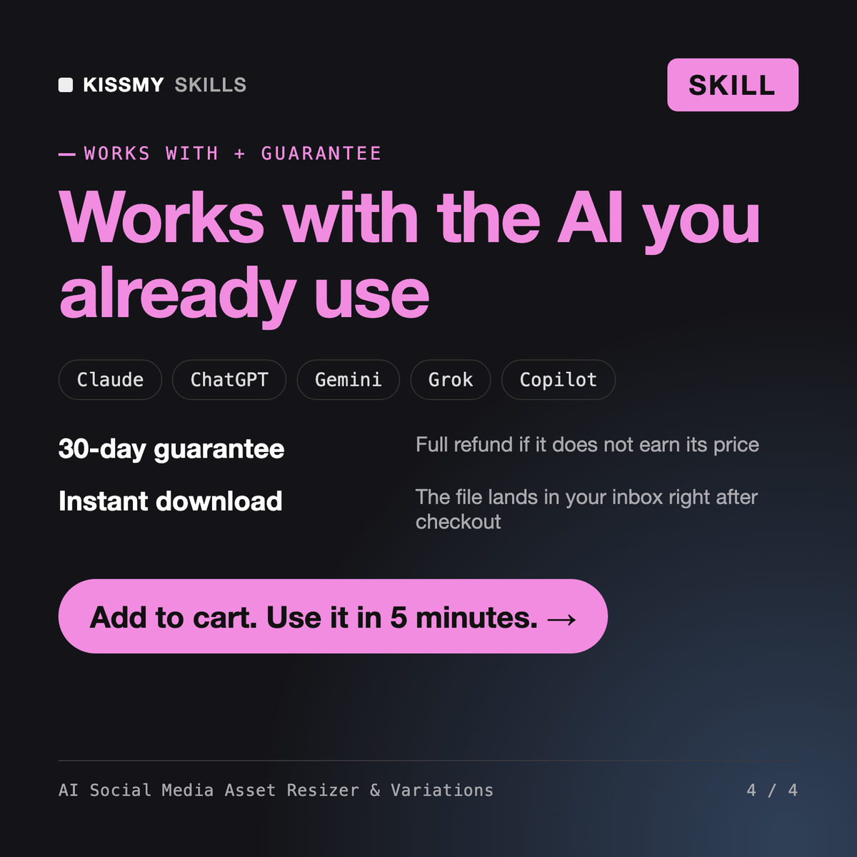 The AI Social Media Asset Resizer & Variations AI skill works with Claude, ChatGPT, Gemini and any AI chat, 30-day money-back guarantee