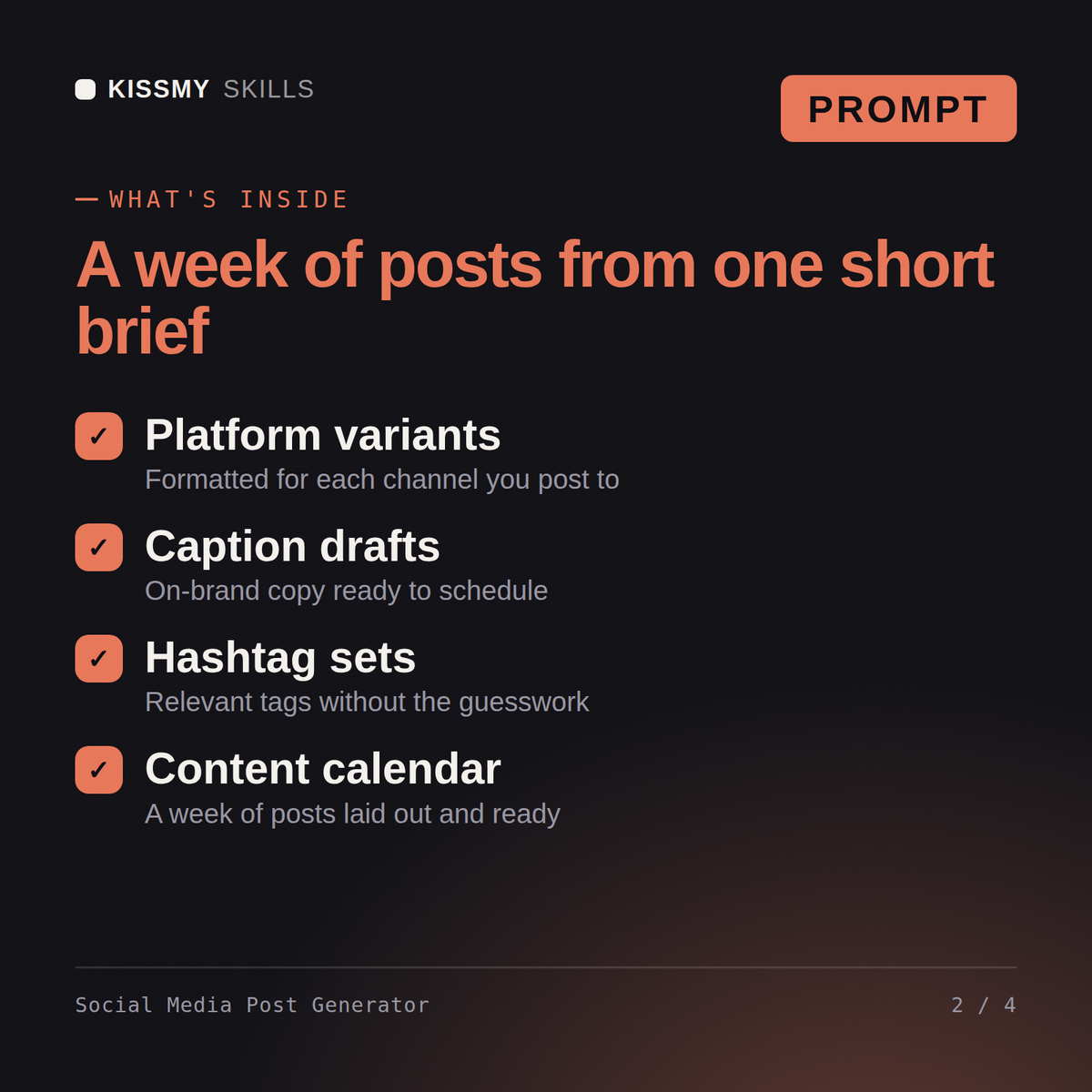 What's inside the Social Media Post Generator AI prompt: Platform variants, Caption drafts, Hashtag sets, Content calendar
