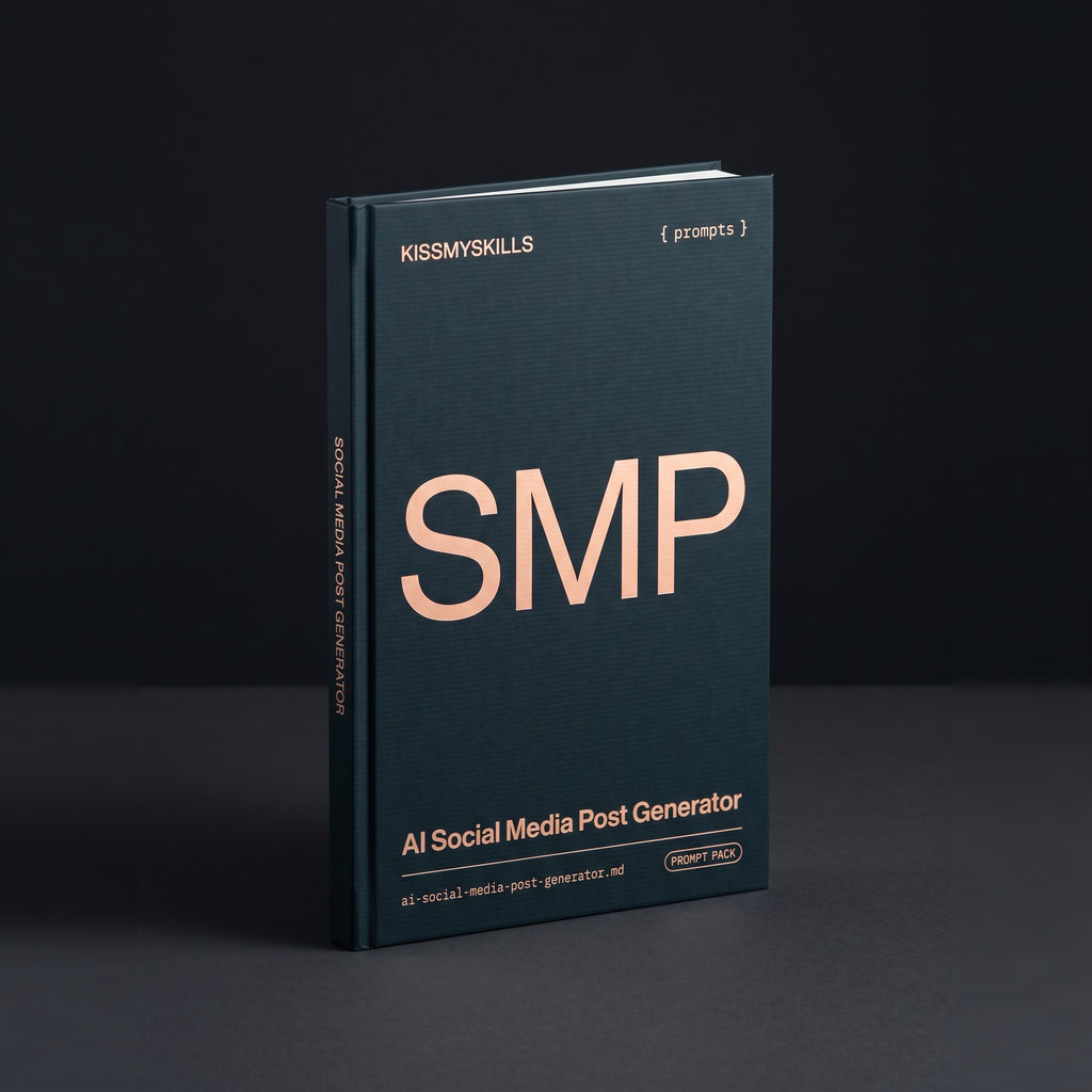 Social Media Post Generator prompts for Claude by KissMySkills, deep midnight-teal laid paper cover with the monogram SMP