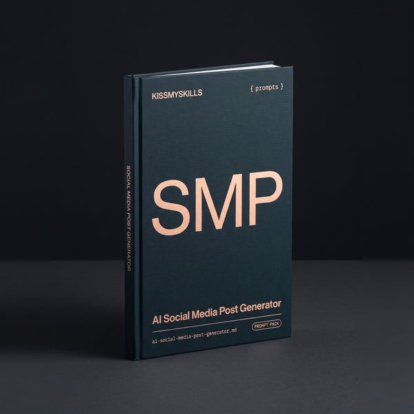Social Media Post Generator prompts for Claude by KissMySkills, deep midnight-teal laid paper cover with the monogram SMP