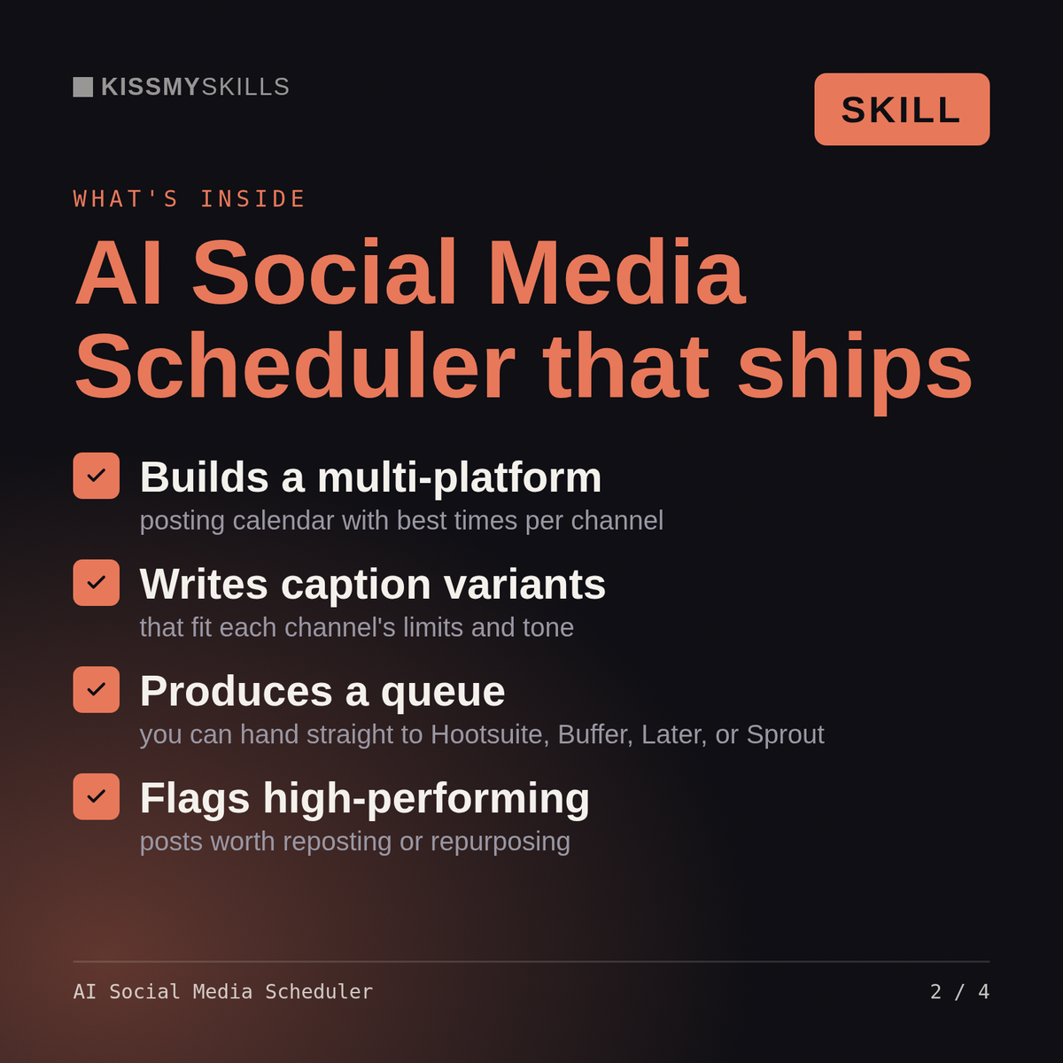 What's inside the AI Social Media Scheduler skill: Builds a multi-platform, Writes caption variants, Produces a queue, Flags high-performing