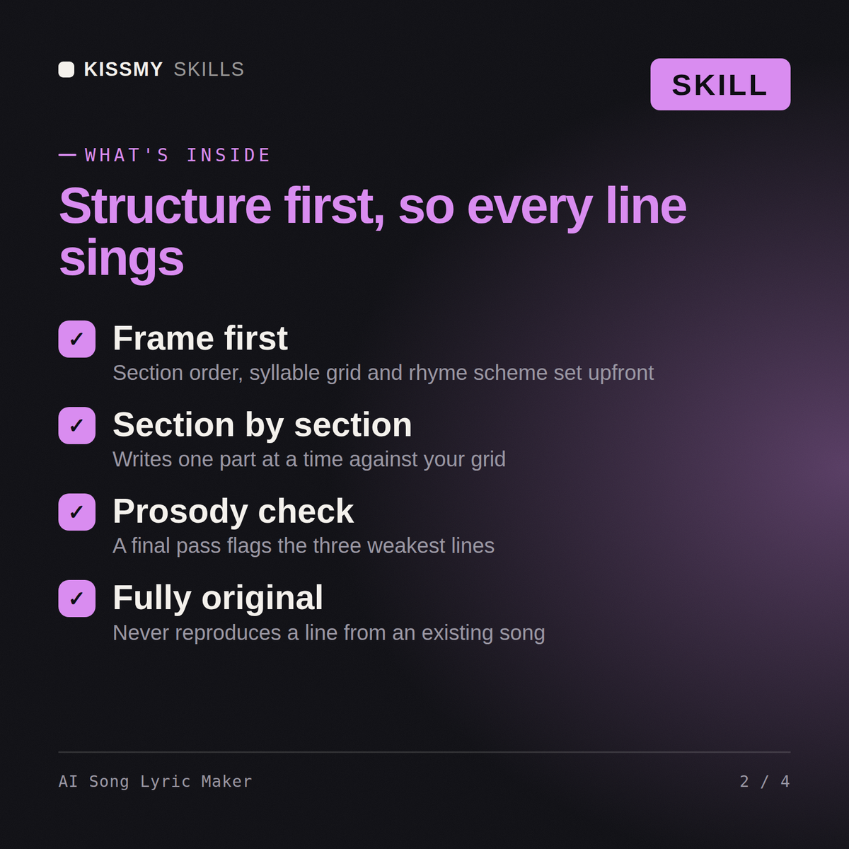 What's inside the AI Song Lyric Maker AI skill: Frame first, Section by section, Prosody check, Fully original