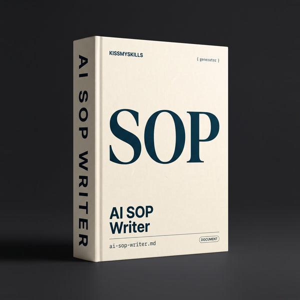 SOP Writer Claude skill by KissMySkills, warm ivory white laid paper cover with the monogram SOP