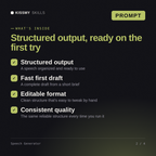 What's inside the Speech Generator AI prompt: Structured output, Fast first draft, Editable format, Consistent quality