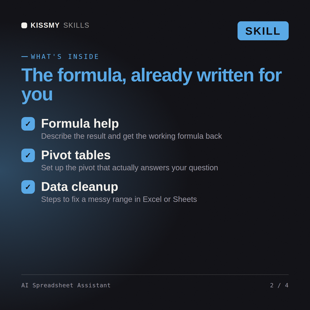 What's inside the AI Spreadsheet Assistant AI skill: Formula help, Pivot tables, Data cleanup
