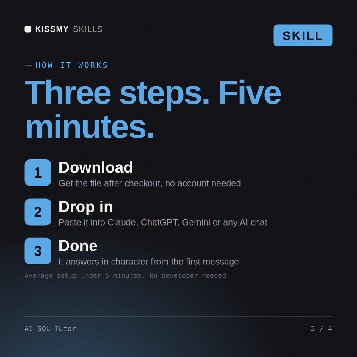 How the AI SQL Tutor AI skill works in three steps: download, drop it into your AI chat, done