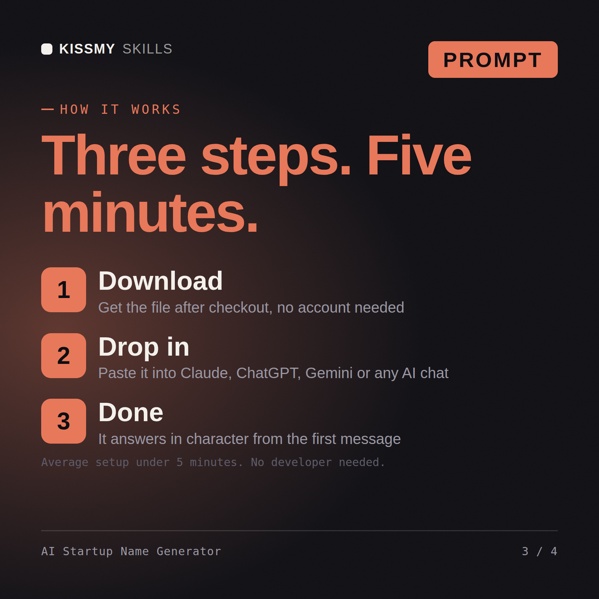 How the AI Startup Name Generator AI prompt works in three steps: download, drop it into your AI chat, done