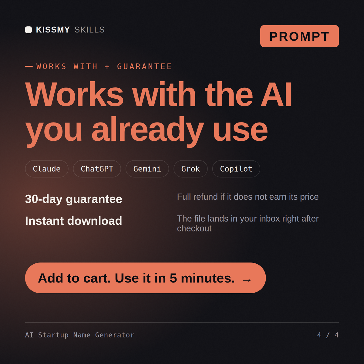 The AI Startup Name Generator AI prompt works with Claude, ChatGPT, Gemini and any AI chat, 30-day money-back guarantee