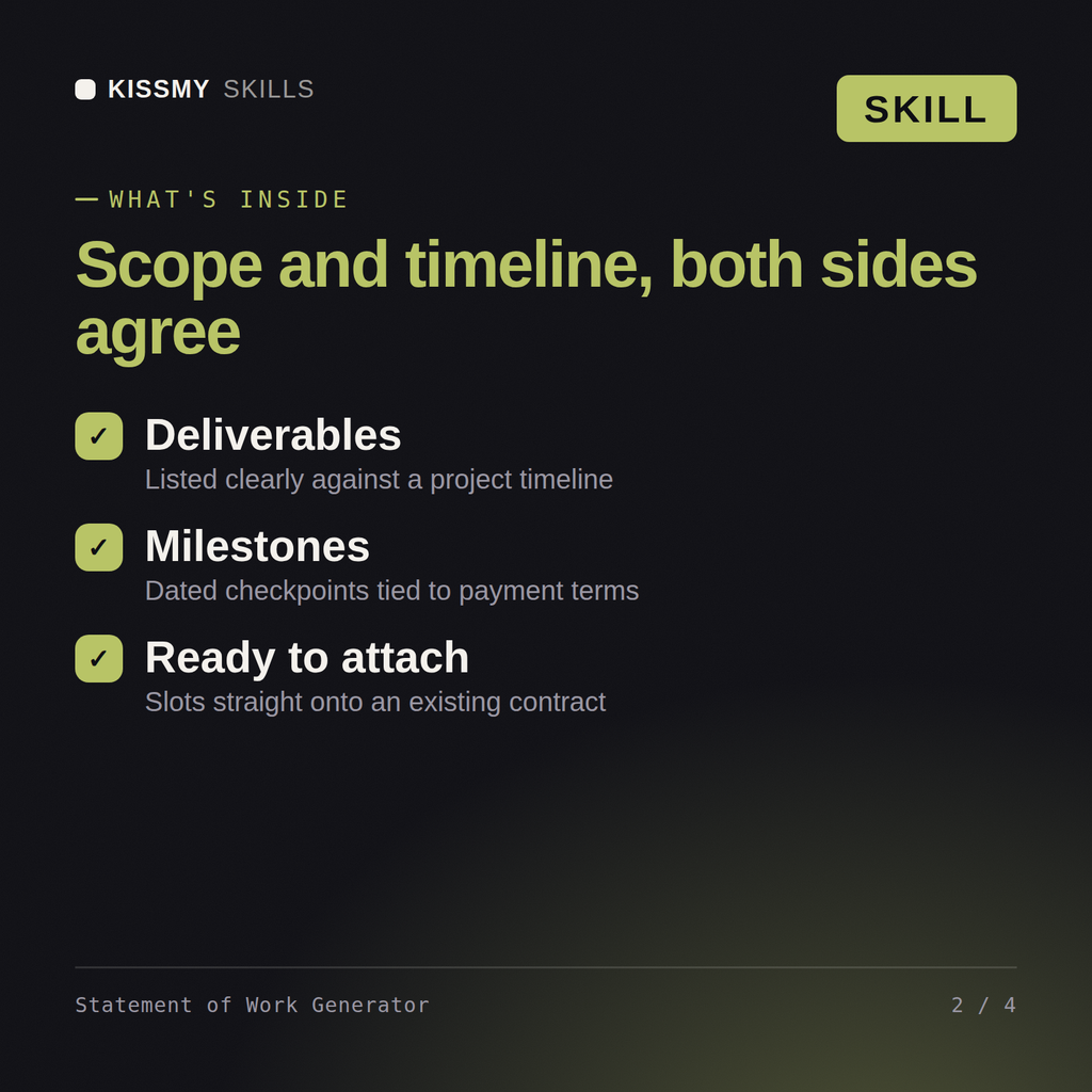 What's inside the Statement of Work Generator AI skill: Deliverables, Milestones, Ready to attach