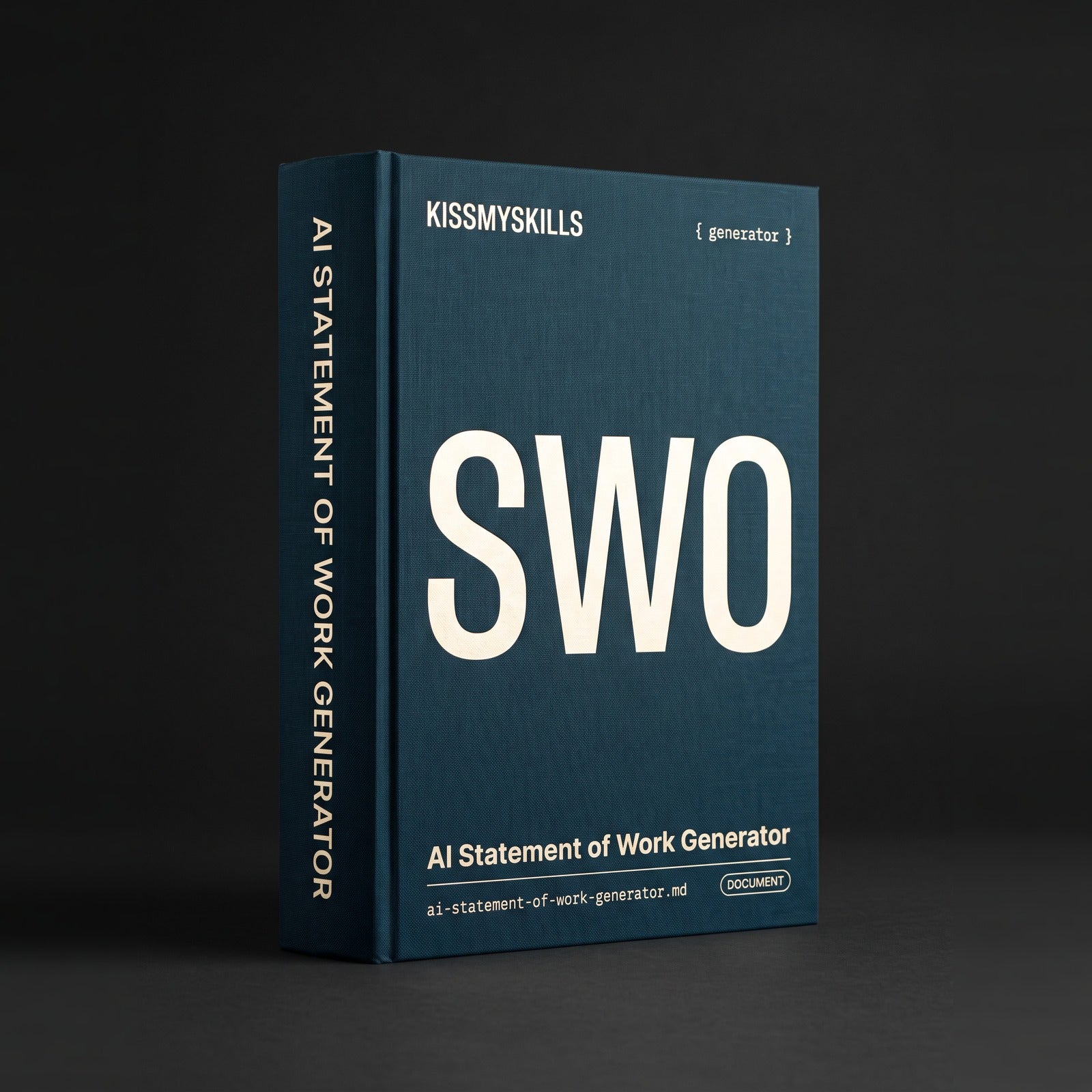 Statement of Work Generator Claude skill by KissMySkills, deep prussian petrol blue bookcloth cover with the monogram SWO