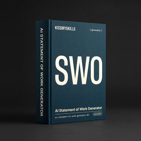 Statement of Work Generator Claude skill by KissMySkills, deep prussian petrol blue bookcloth cover with the monogram SWO