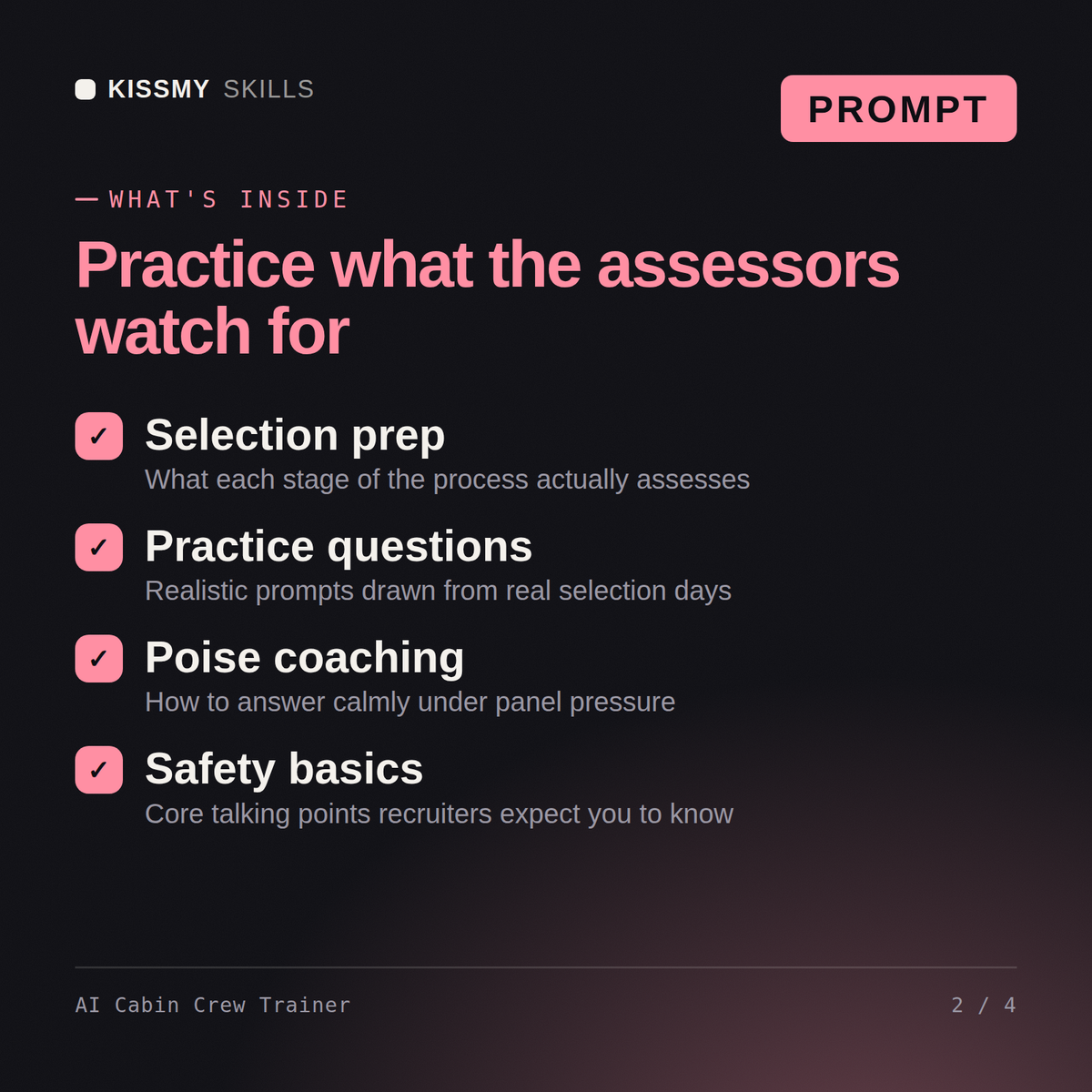 What's inside the AI Cabin Crew Trainer AI prompt: Selection prep, Practice questions, Poise coaching, Safety basics