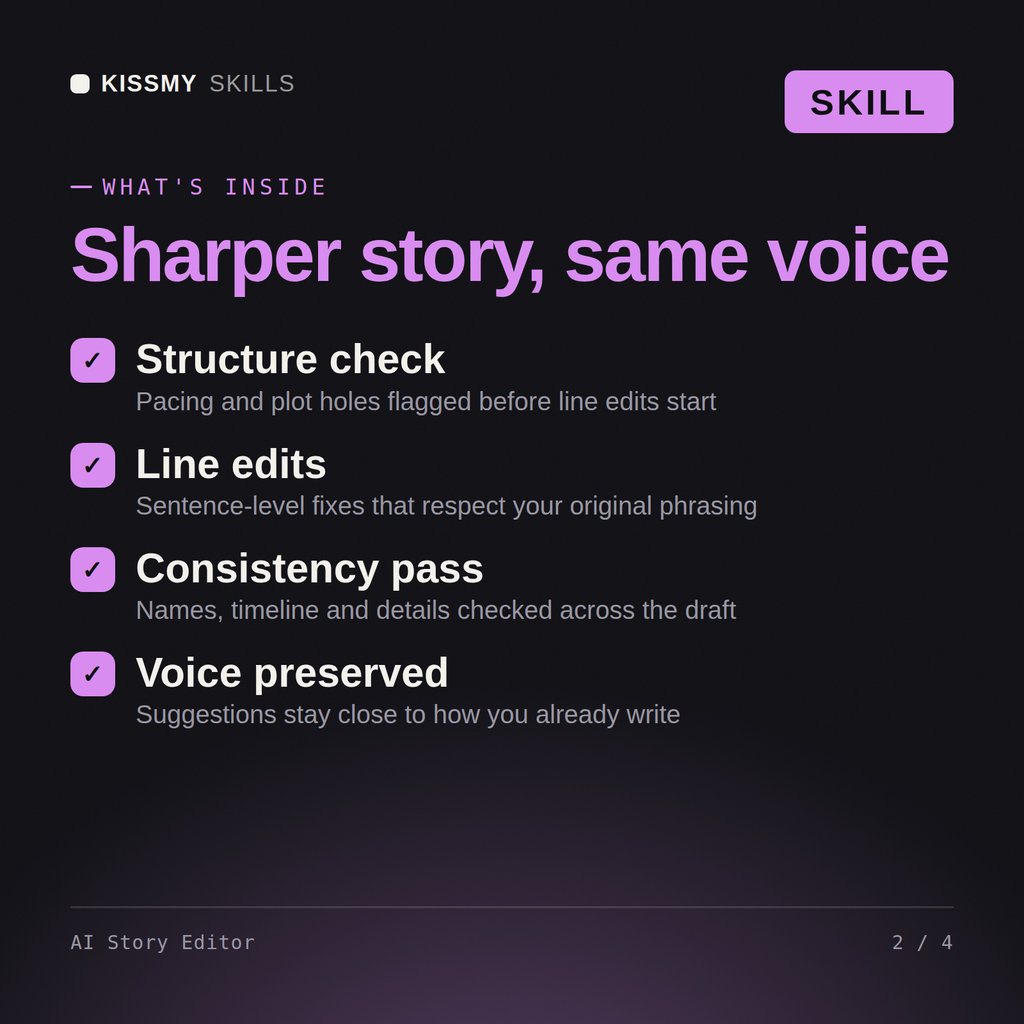What's inside the AI Story Editor AI skill: Structure check, Line edits, Consistency pass, Voice preserved