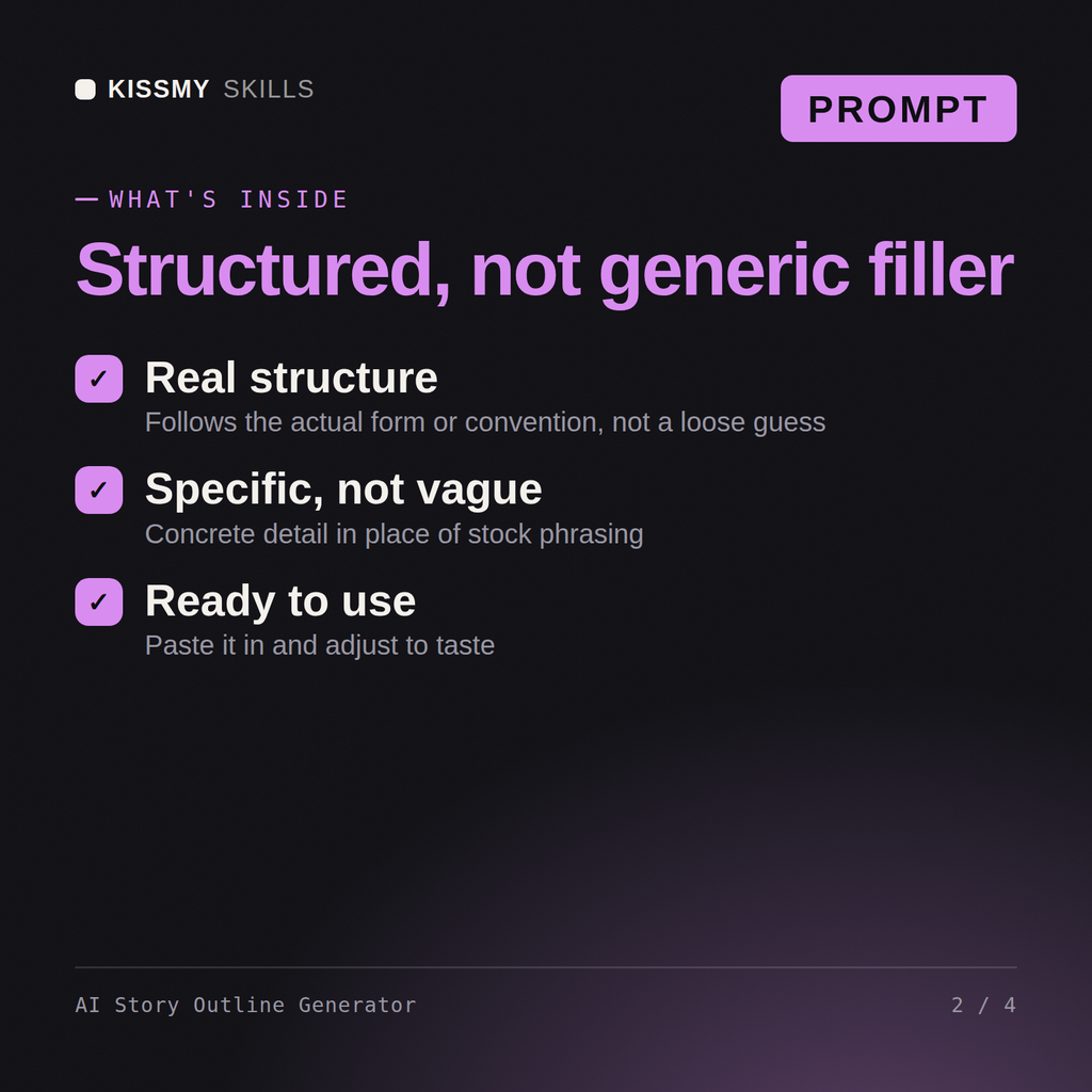What's inside the AI Story Outline Generator AI prompt: Real structure, Specific, not vague, Ready to use