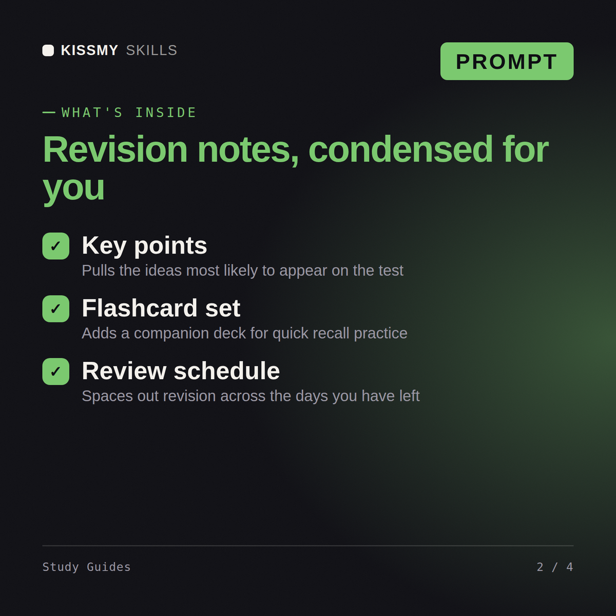 What's inside the Study Guides AI prompt: Key points, Flashcard set, Review schedule