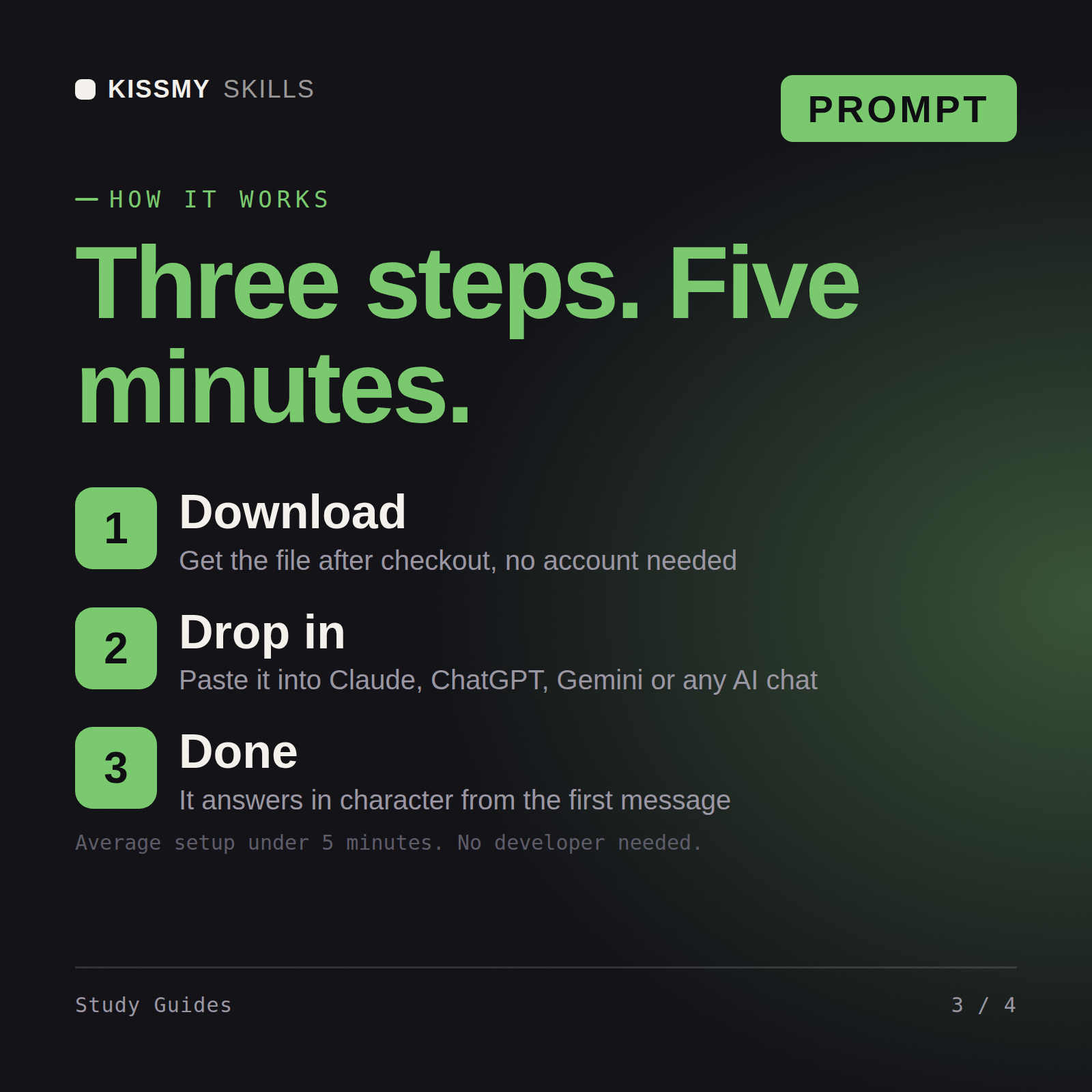 How the Study Guides AI prompt works in three steps: download, drop it into your AI chat, done