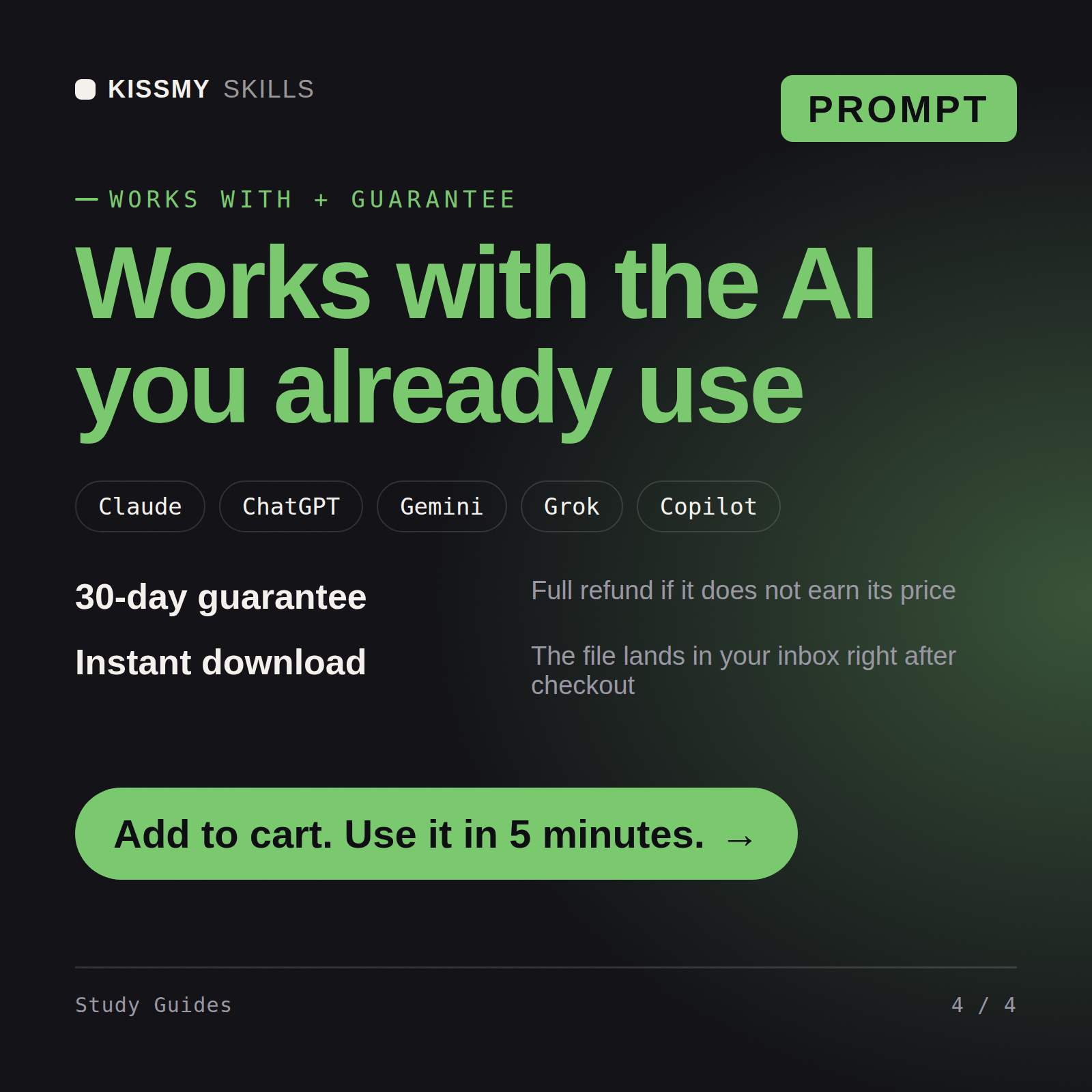 The Study Guides AI prompt works with Claude, ChatGPT, Gemini and any AI chat, 30-day money-back guarantee