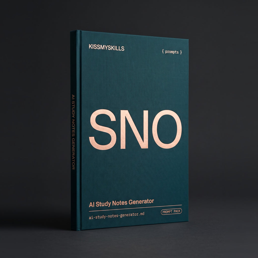 Study Notes Generator prompts for Claude by KissMySkills, deep teal bookcloth cover with the monogram SNO