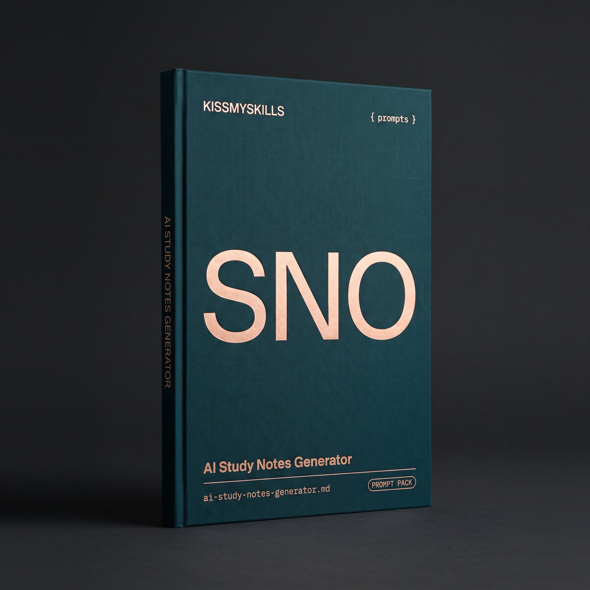 Study Notes Generator prompts for Claude by KissMySkills, deep teal bookcloth cover with the monogram SNO