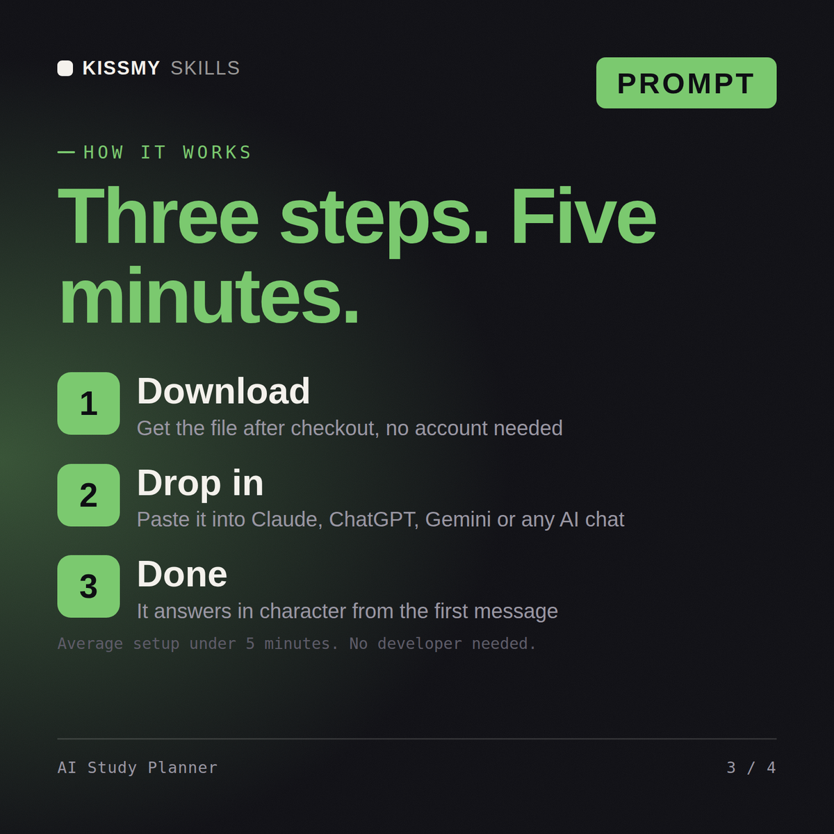 How the AI Study Planner AI prompt works in three steps: download, drop it into your AI chat, done